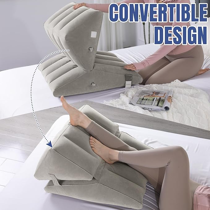 HOMBYS Adjustable Inflatable Bed Wedge Pillow for Sleeping, 7 in 1 Multi Use Back Pillow for Bed Sitting Up, 10 inch Elevated Support Pillow for Legs & Back, Portable for Travel Use-30"x22"x10", Grey