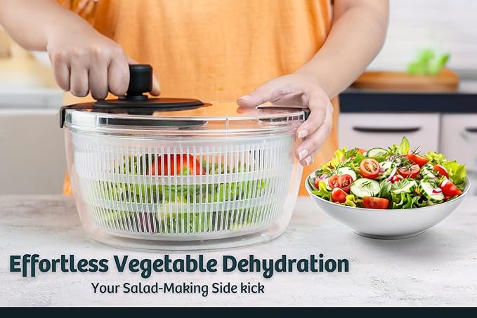 Salad Spinner – Large Clear Bowl with Drain and Colander – Multi-use Vegetable Dryer, Lettuce Spinner, Fruit Washer, Salad Mixer, Pasta & Fries Spinner - 4.2 Qt