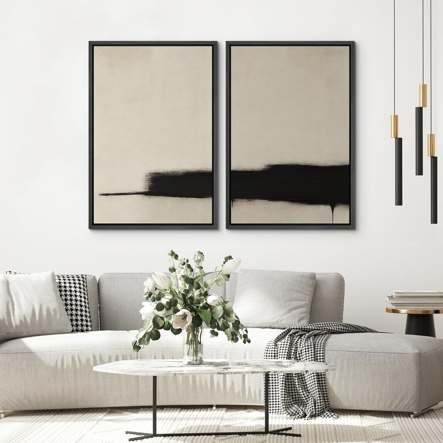 SIGNWIN Framed Wall Art Print Set Minimalist Black Brushstroke Abstract Neutral Beige and Black Illustrations Modern Art Rustic Relax/Calm for Living Room, Bedroom, Office - 24"x36"x2 BLACK