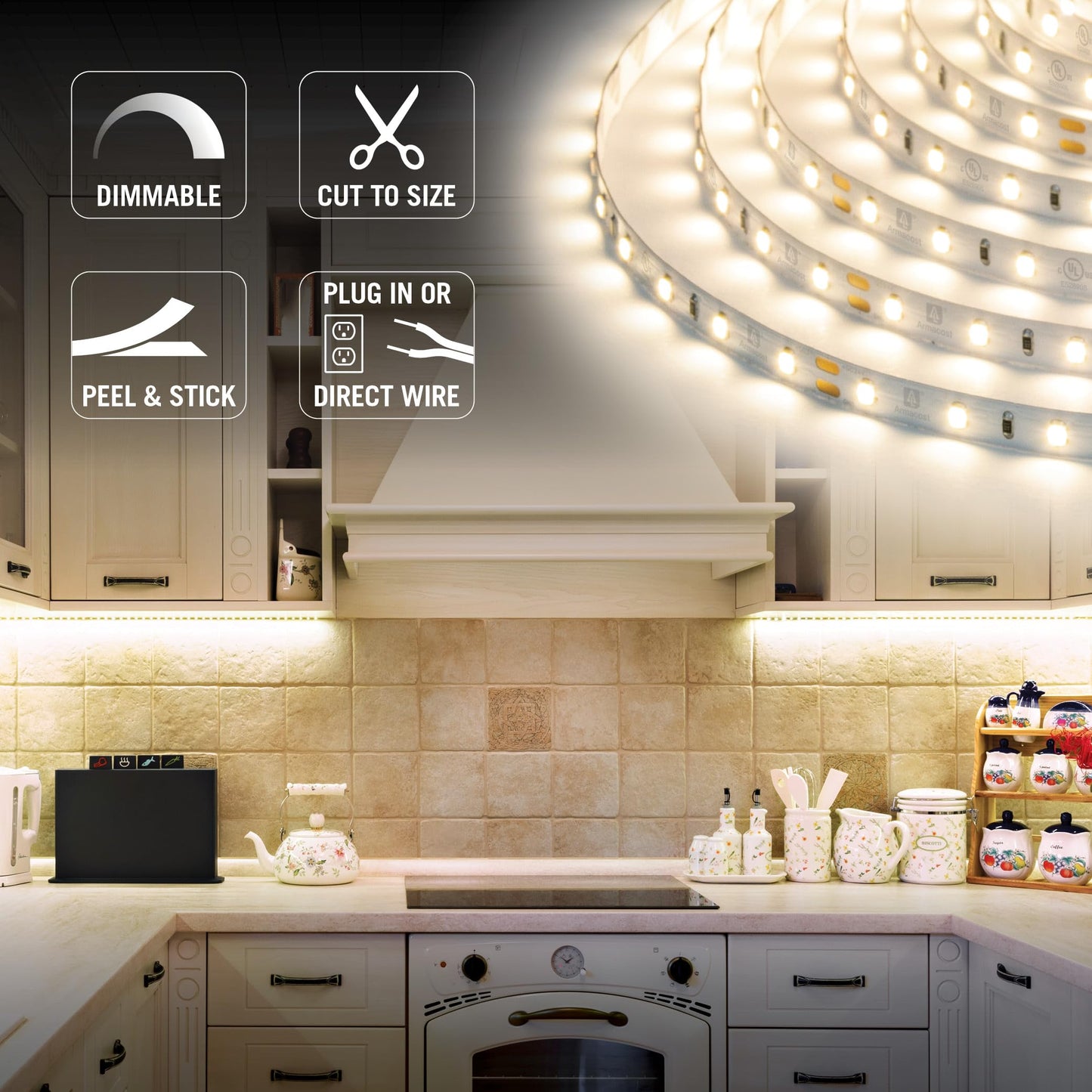 Armacost Lighting LED Tape Light Kit, AC Dimmable, 5M, 2700K Warm White, 16.4 ft, Plastic, Model 424502, White