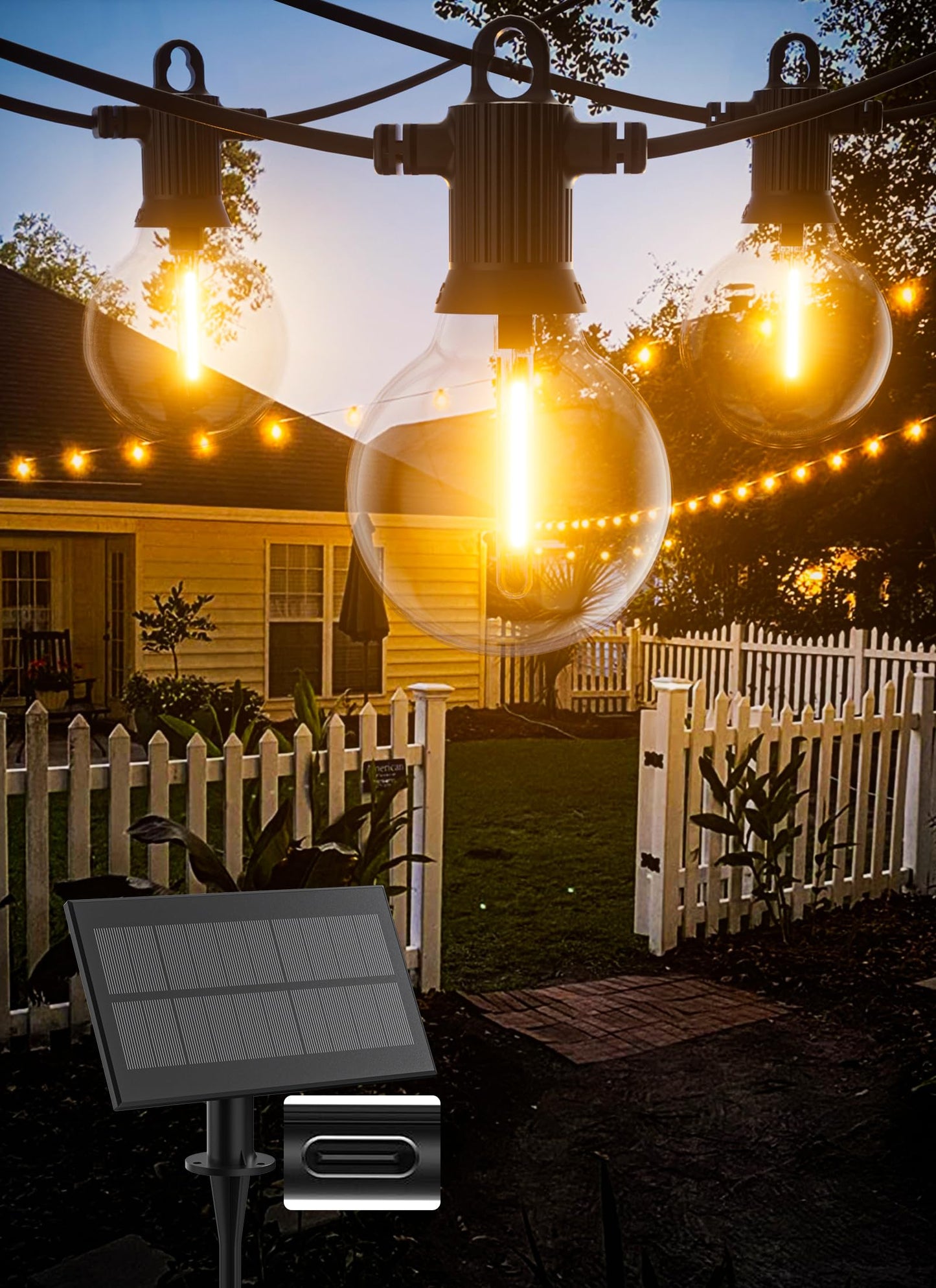 Zuske Solar String Lights Outdoor 100FT, Waterproof, USB Port, 52 Shatterproof G40 Bulbs, Warm White, Black, Model 12-25