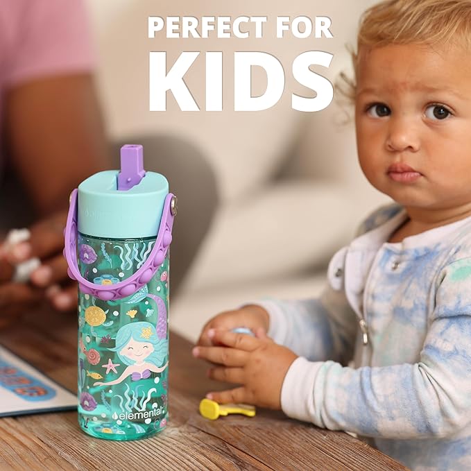 Elemental Leak Proof Water Bottles for Kids - Splash Kids Water Bottle for School with Fun Fidget Pop-it Handle - Tritan Plastic Water Bottle with Straw - Mermaid & Rose - 18oz (2 Pack)