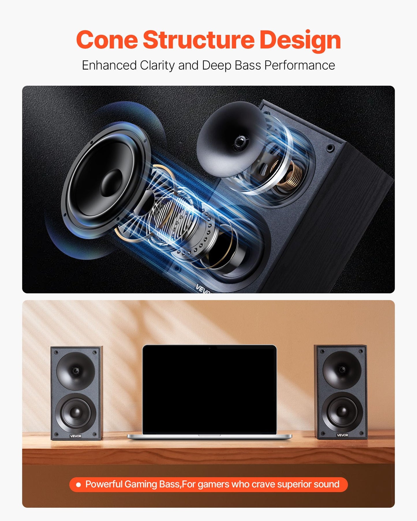 Vevor Passive Bookshelf Speaker, 300W, Book Shelf Stereo Speakers With 4-Inch Woofer And 1-Inch Tweeter, Detachable Grille, 70Hz
