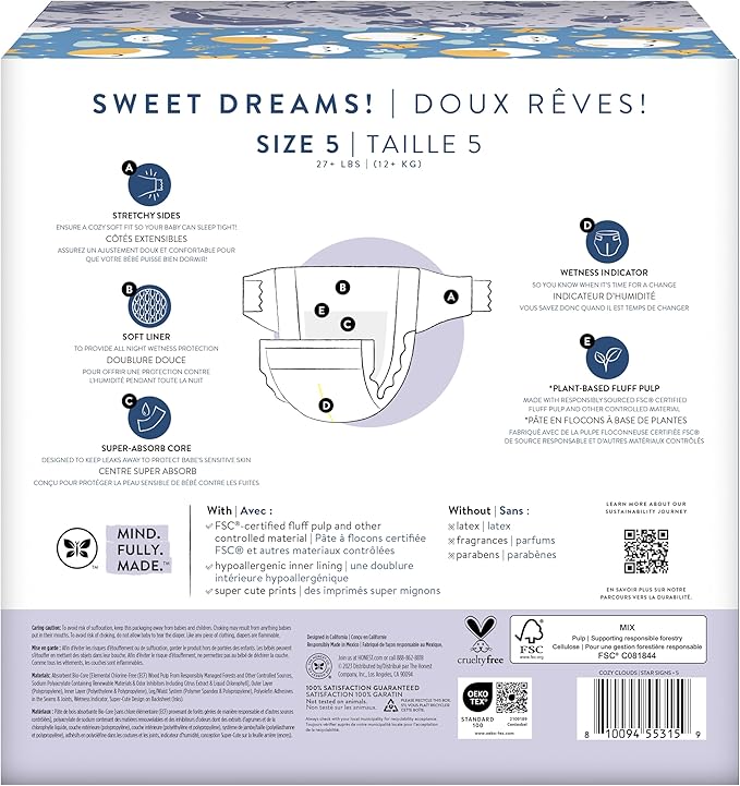 The Honest Company Clean Conscious Overnight Diapers for Sensitive Skin, Hypoallergenic Fragrance-Free Baby Diapers, Cozy Cloud and Star Signs Design, Club Box, Size 5 (27+ lbs), 40 Count