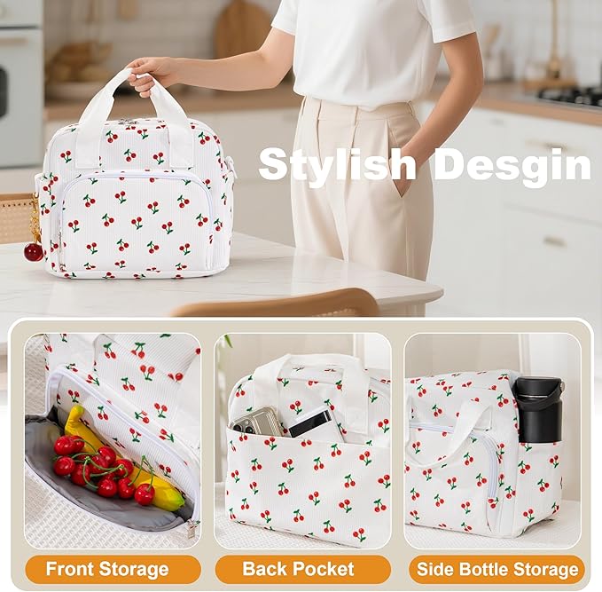 Large Lunch Bag for Women Insulated Cherry Lunch Box Reusable Cooler Bag Portable Cute Corduroy Leakproof Tote Bags for Travel, Work, and Picnic with Key Chain