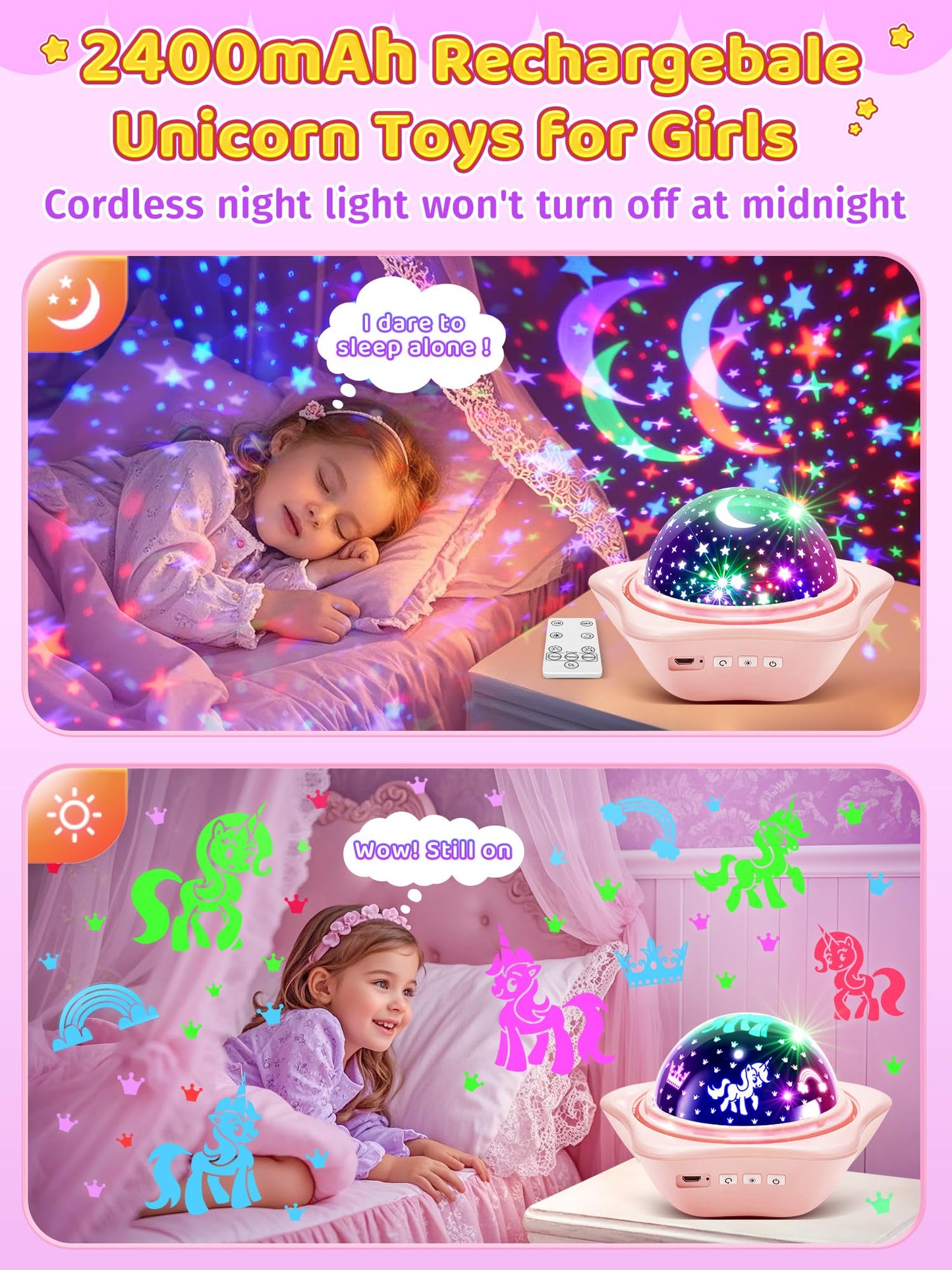 Pikoy Night Light For Kids  90 Modes+6 Films+Dimmer+Timer+Remote Kids Night Light Projector  Rechargeable Built-In Battery+360 Silent Rotation Butterfly/Princess/Mermaid Room Decor Girl Toys/Gifts
