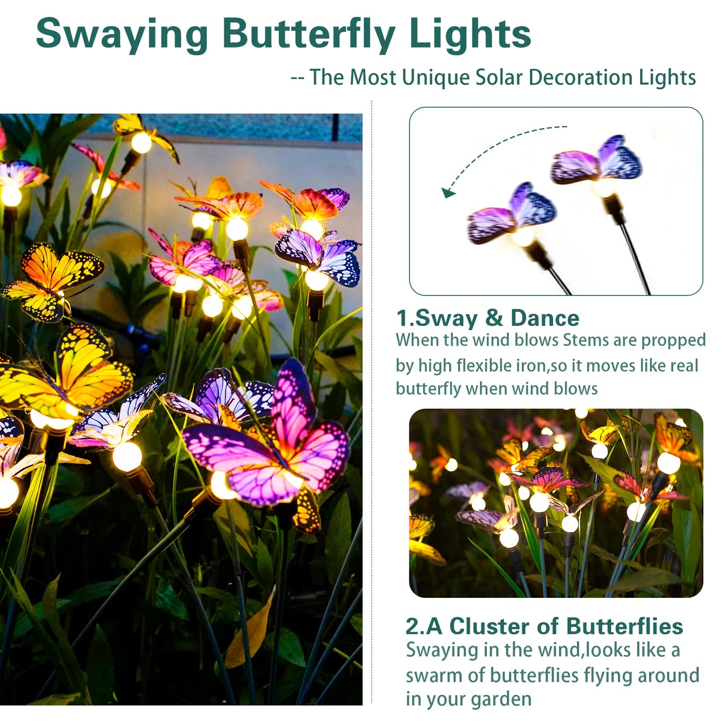 TONULAX Solar Garden Lights - Swaying Butterfly Light, Swaying in The Wind, Solar Outdoor Lights, Yard Patio Pathway Decoration, High Flexibility Iron Wire & Realistic Butterflies (6 Pack)
