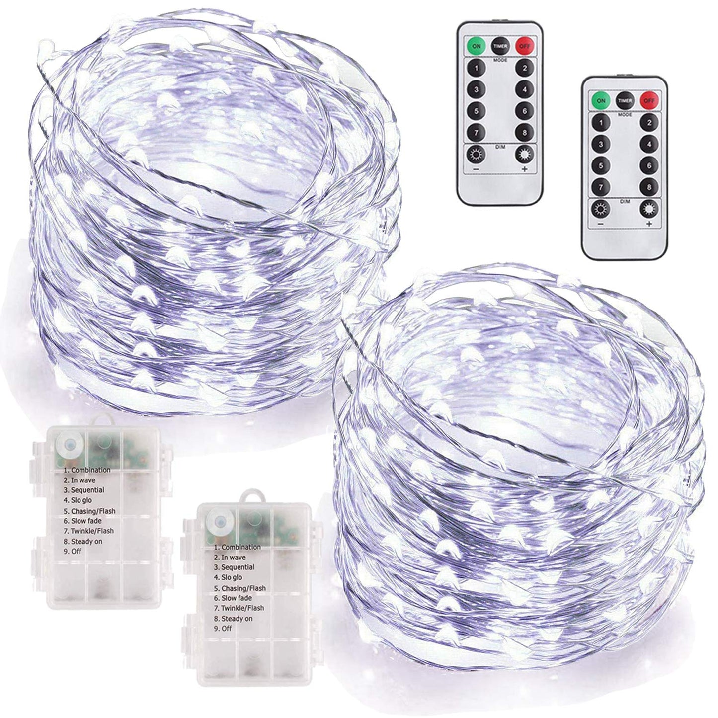 MUMUXI Fairy Lights String Lights, 33ft 100 LED, Battery Operated, Timer, Cool White, Waterproof Silver Wire, Set of 2