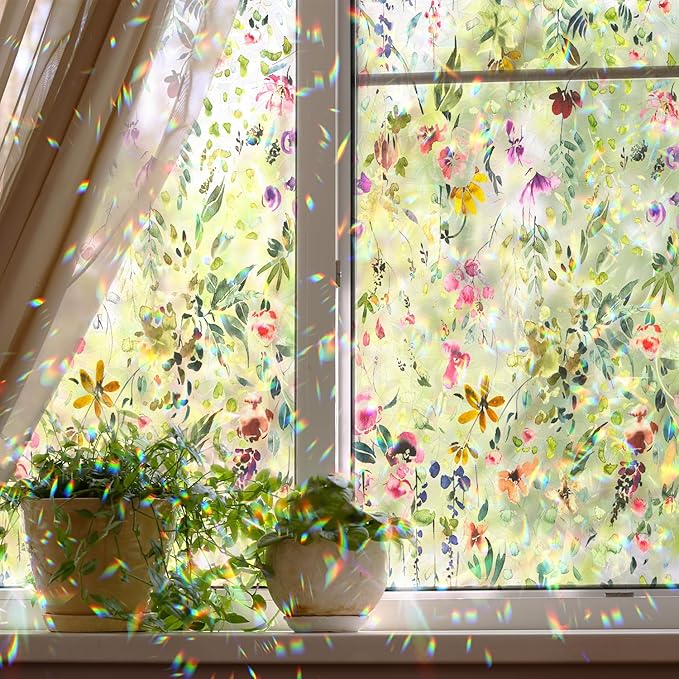 Rainbow Suncatcher Floral Window Film, Privacy Iridescent Static Cling Double-Sided Decals for Window Door Glass Decor, Spring Colorful Flower, 39.37" x 16.93"