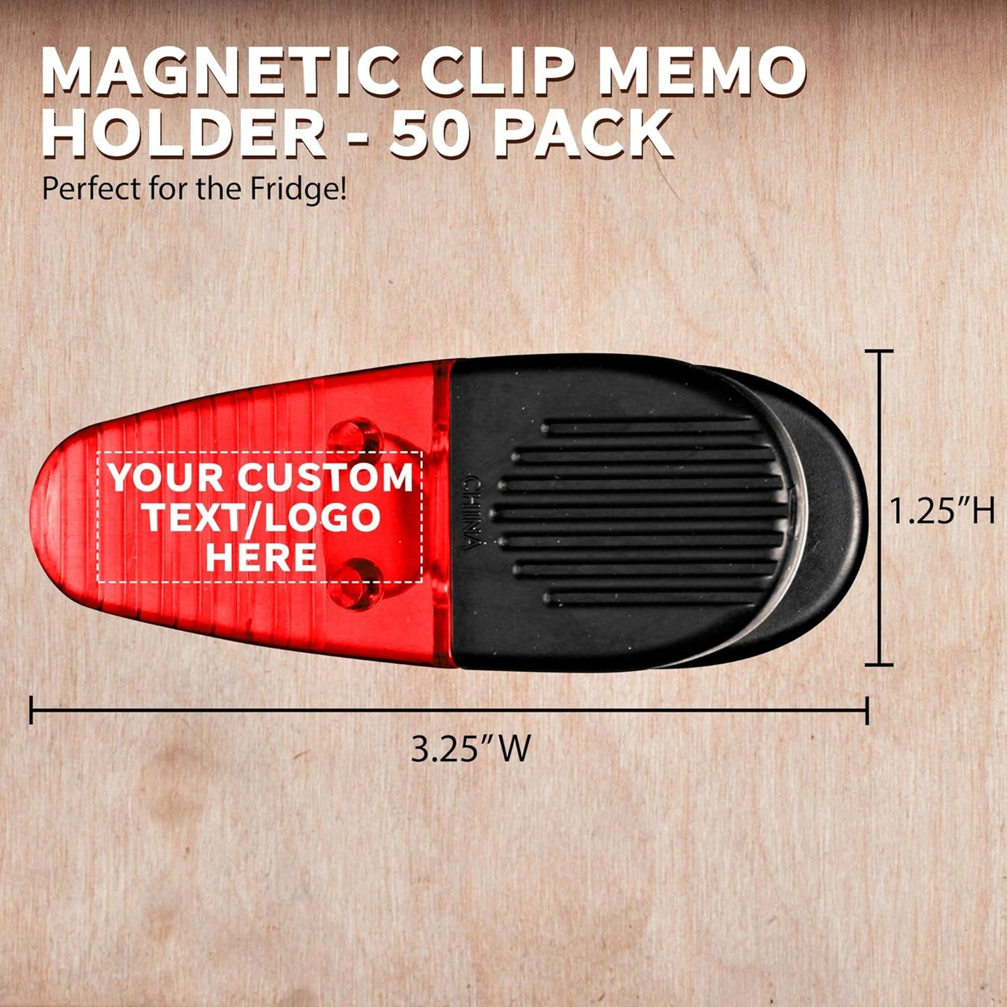 50 Magnetic Memo Holders Set - Customizable Text, Logo - Large Clip, Plastic - TRed