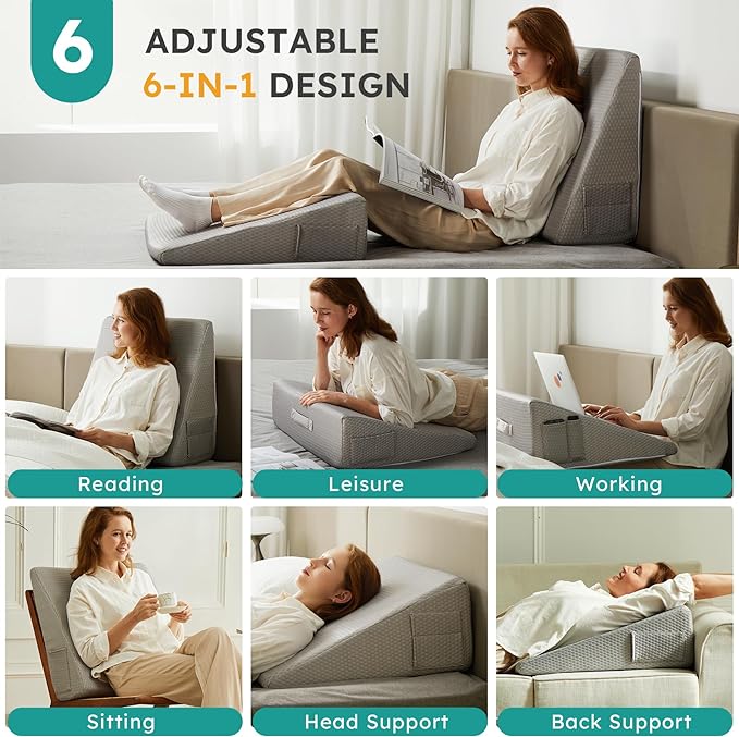 Wedge Pillow for Sleeping, 12 inch Elevated Support Bed Wedge Pillow, Breathable Triangle Pillow Wedge with Cooling Memory Foam Top - Removable Washable Cover, Grey