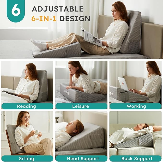 Wedge Pillow for Sleeping, 8 inch Elevated Support Bed Wedge Pillow, Breathable Triangle Pillow Wedge with Cooling Memory Foam Top - Removable Washable Cover, Grey