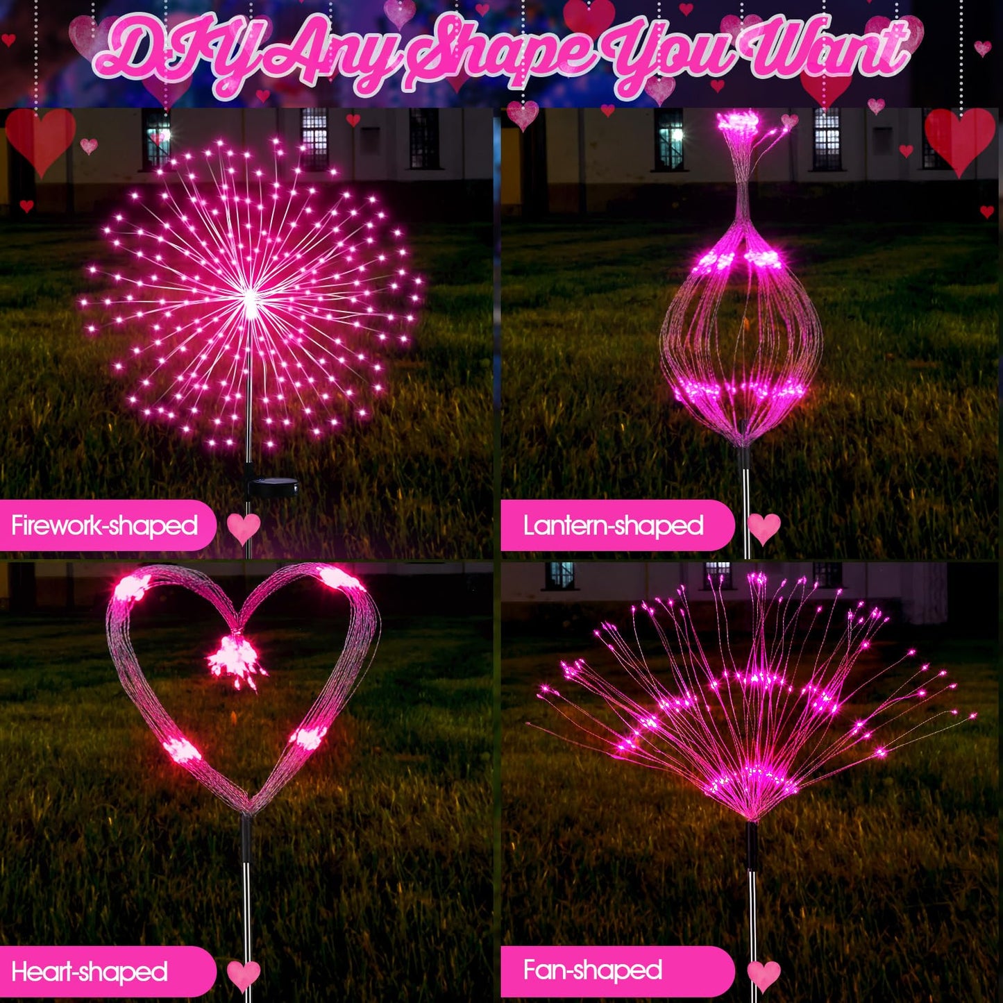 Tujoe 4 Pcs Valentine's Day Solar Lights Outdoor Pink Solar Firework Lights Decoration 180 LEDs 8 Modes Waterproof Valentine LED Stake Sparkler for Walkway Pathway Driveway Garden Yard Lawn Path(Pink)
