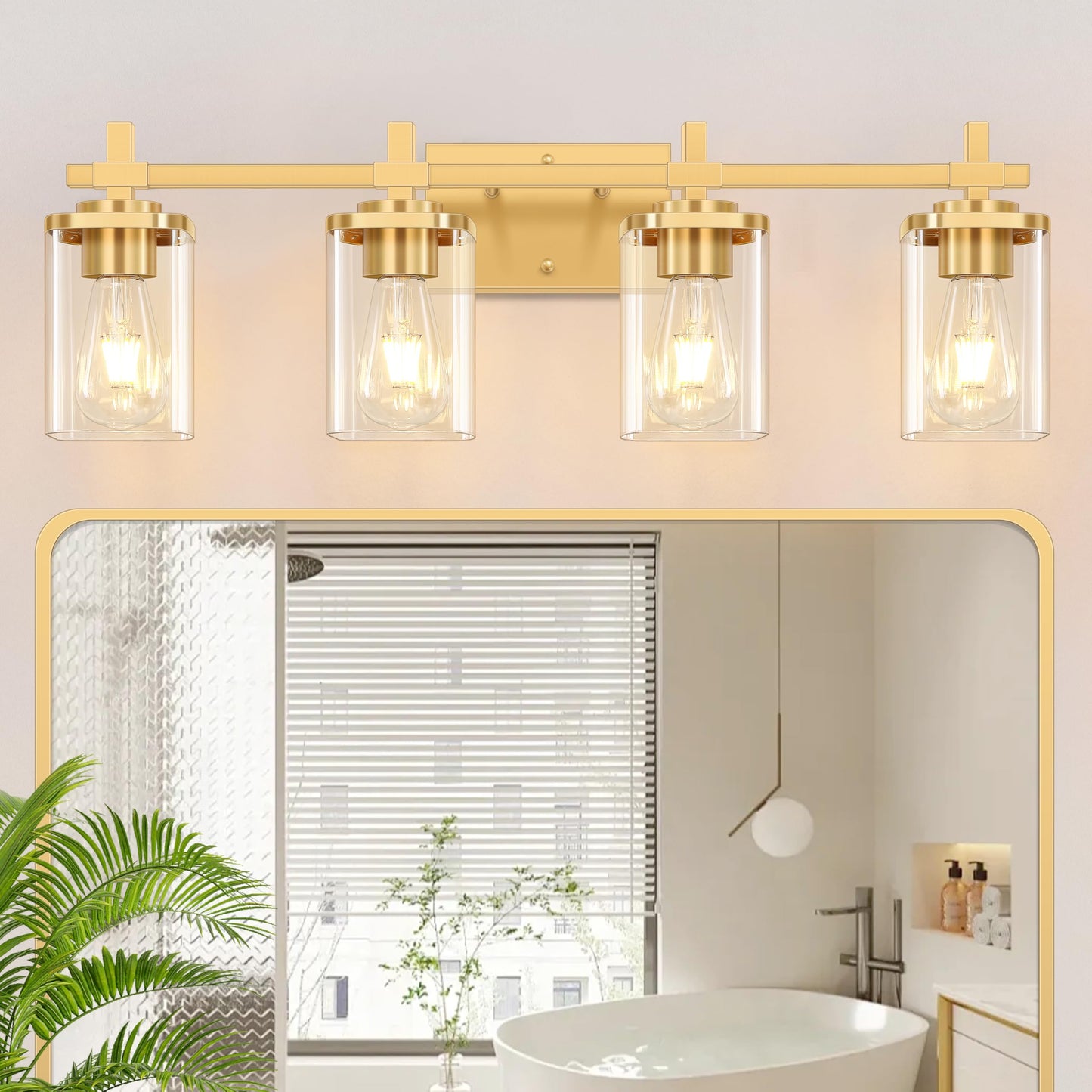Spiglamm 4-Lights Bathroom Vanity Light, Brushed Gold, Glass Shades, Model BG-Wall-4