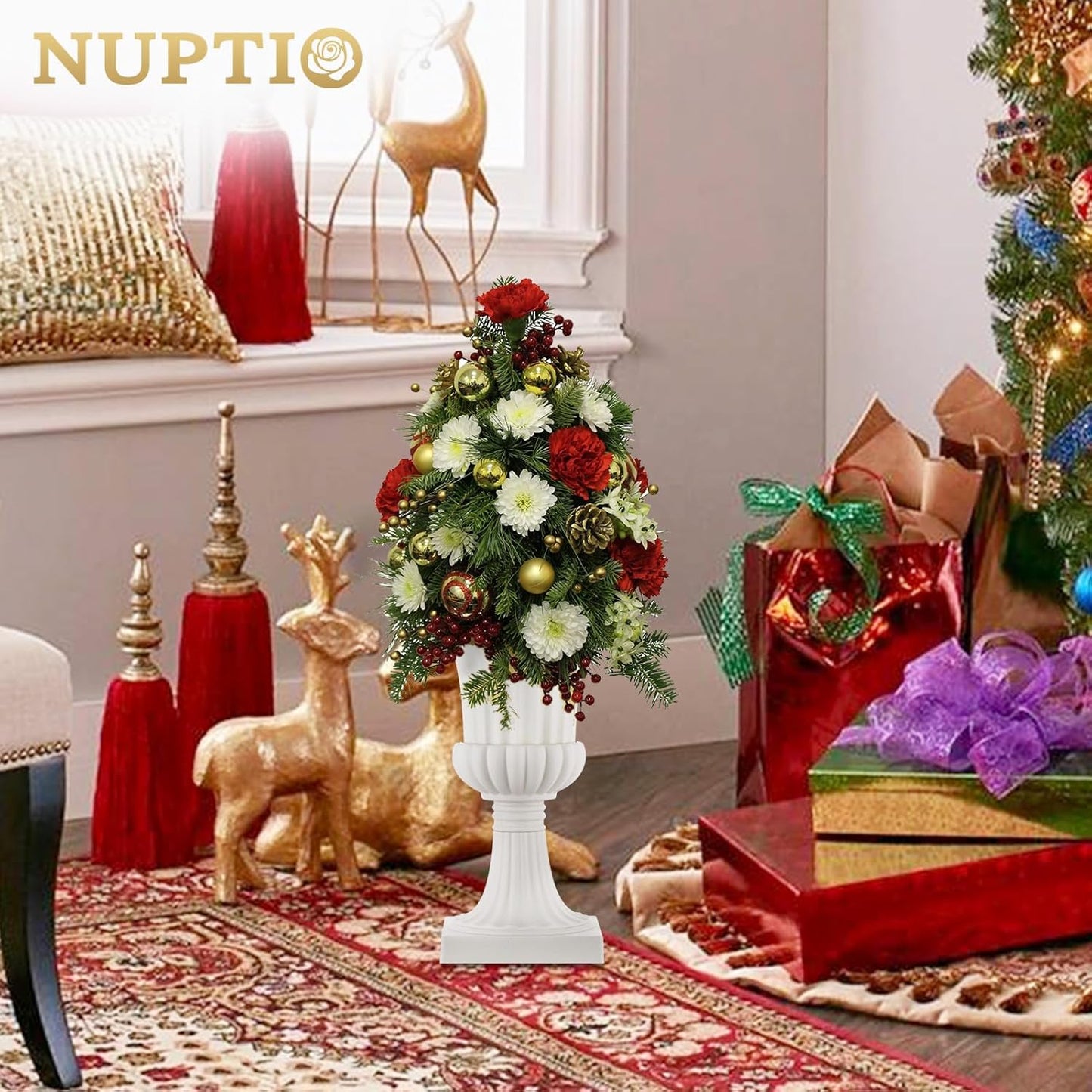 Nuptio Plastic Urn Planters White - 6 Pcs 19.7 Inch Tall Large Urns Planter Outdoor for Plants - Garden Classic Flower Vase Plant Pots - Porch Front Pedestal Pot Resin Grecian Vases