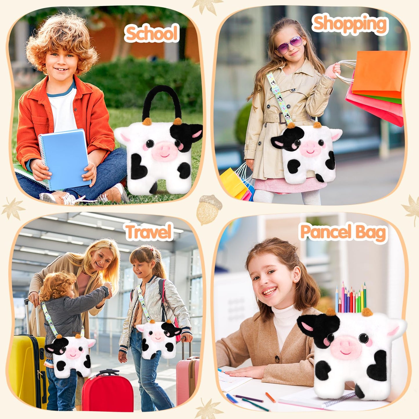 CatchCute Cow Plush Bag Crossbody Bag for Kids, Plush Handbag Tote Bag with Adjustable Strap,Soft Plush Cow Stuffed Purse with Zipper,Coin Pouch Accessories for Toddlers Kids
