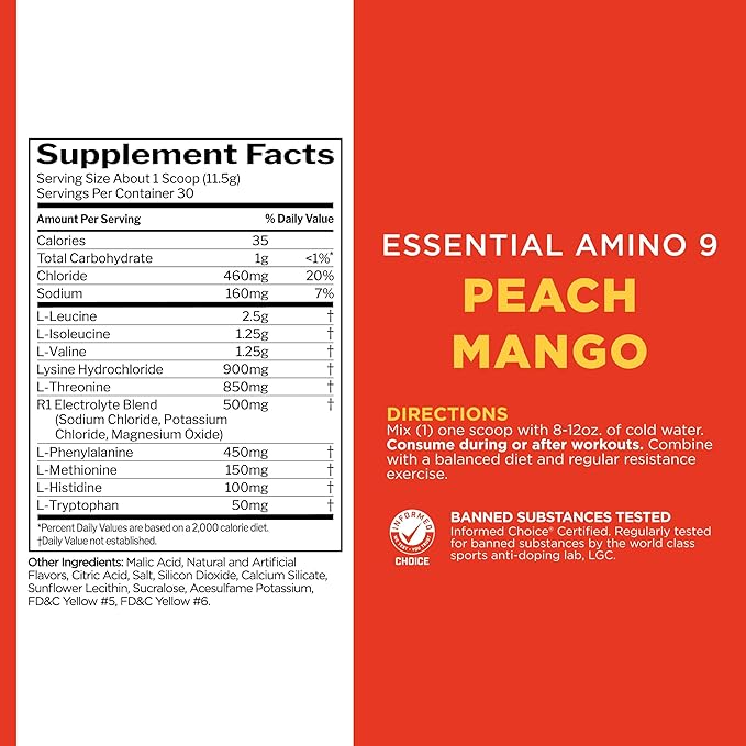 Rule 1 Essential Amino 9 – Recovery & Hydration Support with 7.5g of Essential Amino Acids + Electrolytes (30 Servings, Peach Mango)