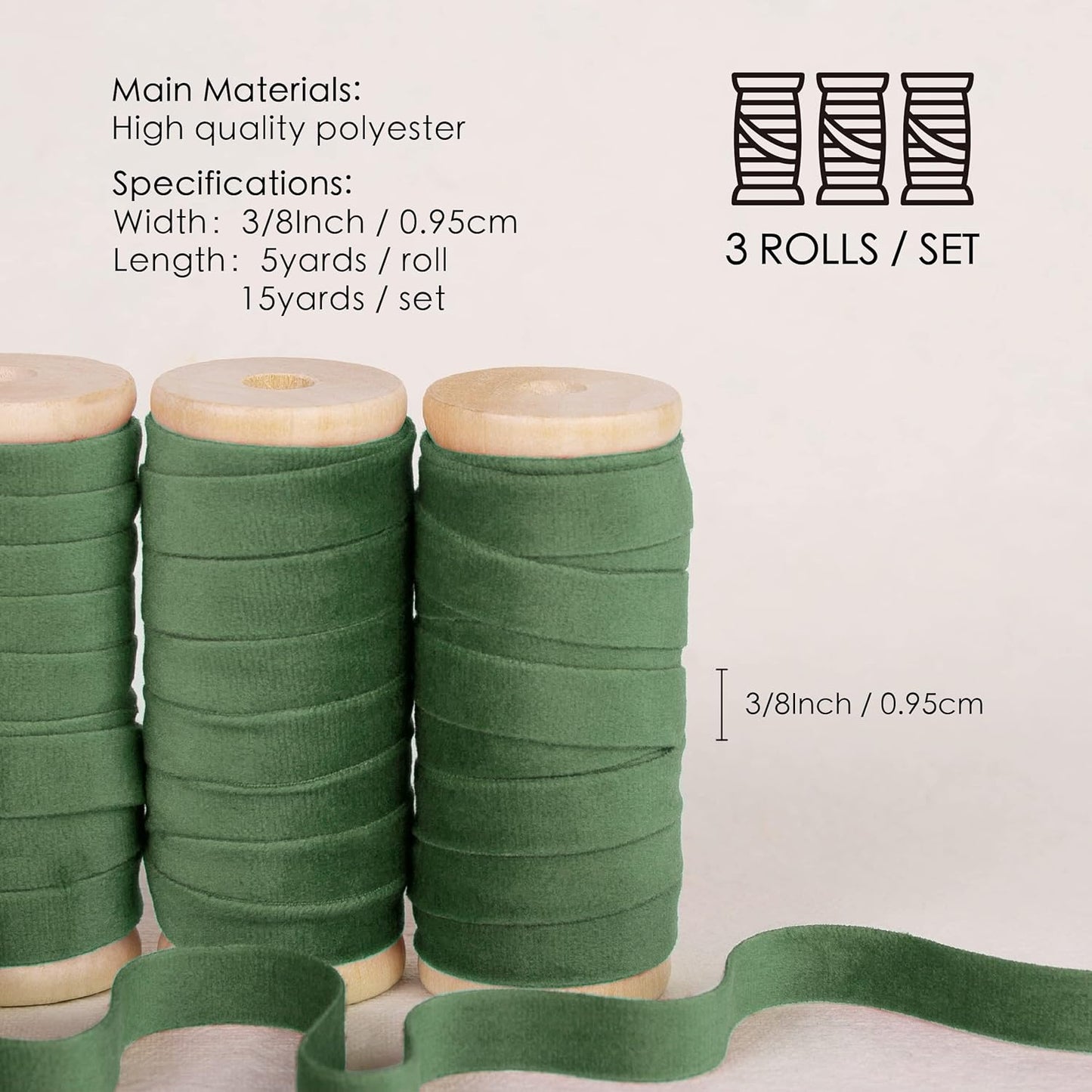 Vitalizart Green Velvet Ribbon Set 3/8" x 15 Yd Wooden Spool Fabric Trim 3 Rolls * 5 Yd for Christmas Wreath Decoration Handmade Craft Ornaments Gift Wrapping & Bow Making