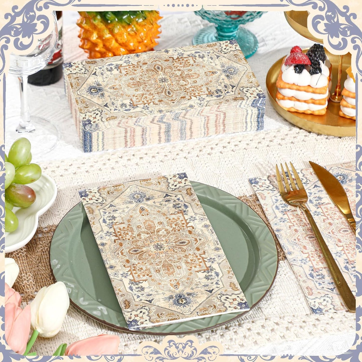 Yeaqee 100 Pcs Vintage Boho Napkins Paper Guest Towels 2 Ply Decoupage Napkins Disposable Decorative Hand Towel for Bathroom Kitchen Fall Wedding Party Dinner(Orange and Cyan)
