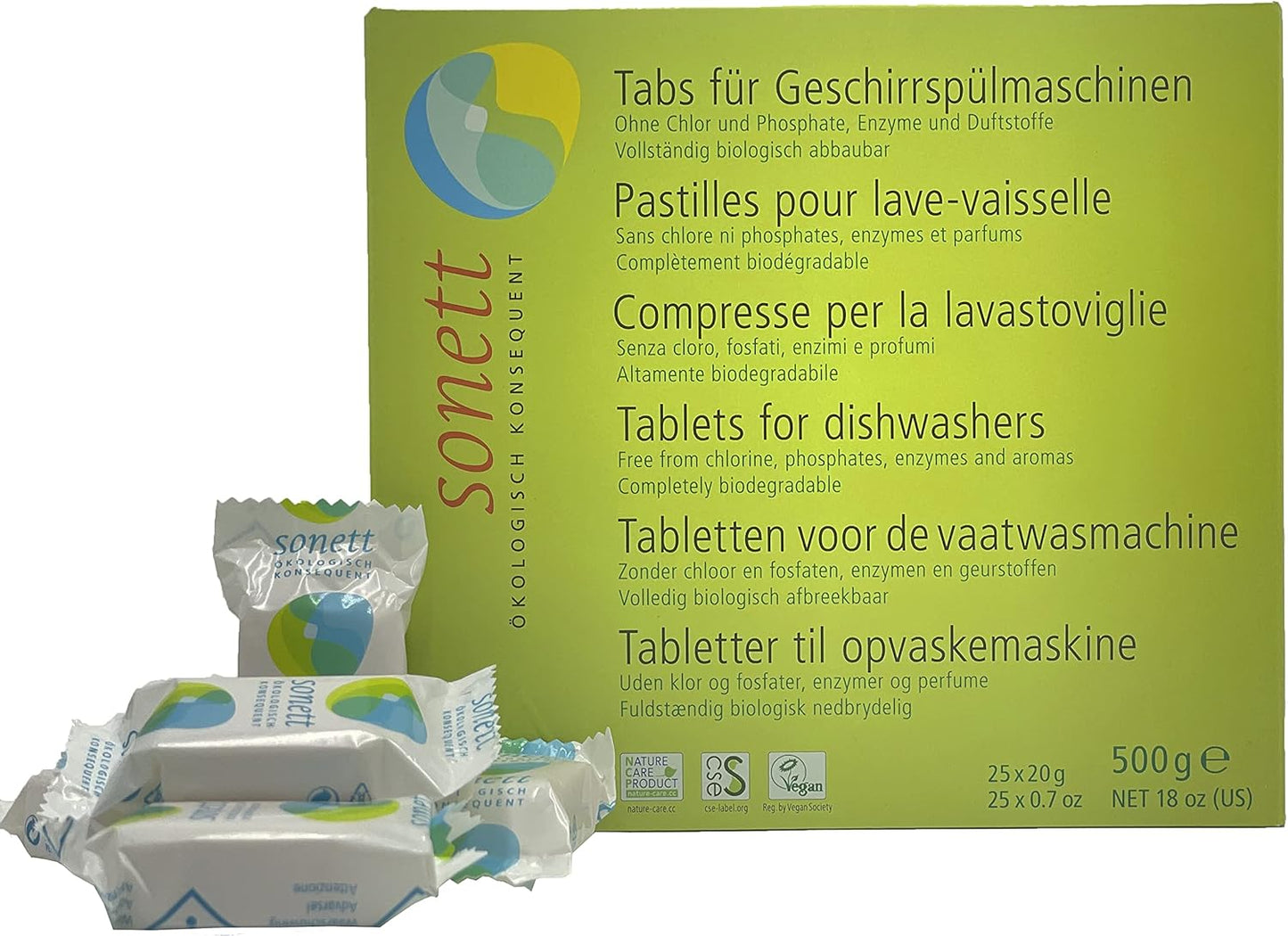 Sonett Organic Dishwasher Tablets 25 Count Deep Clean Dish Tab Fresh Scent 25 tablets x 0.67oz,18 fl.oz/ 500gr (1 Count)