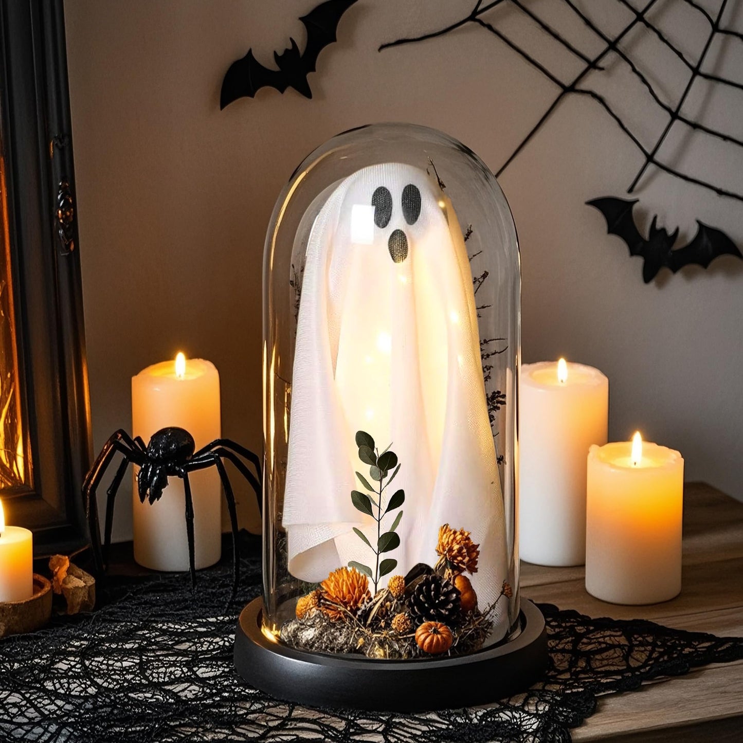 Sladpoem Light Up Ghost In Removable Glass Dome  Cute White Spirit Decoration For Winter Tabletop  Cozy Home Accent  Holiday Night Light For Mantel  Bedroom Or Office Decor