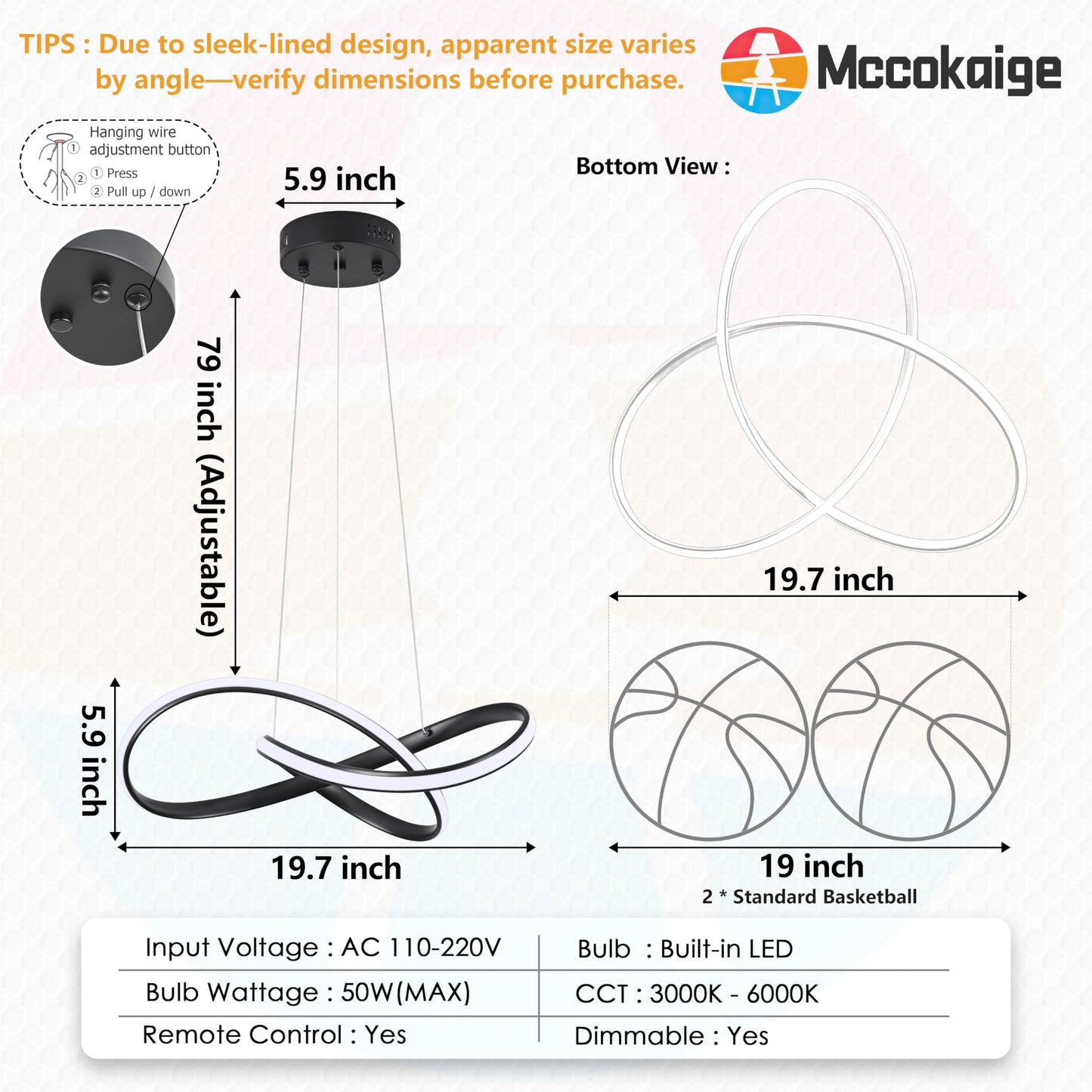 Mccokaige LED Chandelier Pendant Light Black Dimmable Remote 19.6in Adjustable Height Model SYC-50-H