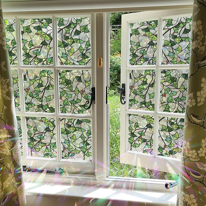 Rainbow Window Privacy Film Stained Glass Handmade Design for Bathroom, Ginkgo Leaves, 39.37'' x 16.92''