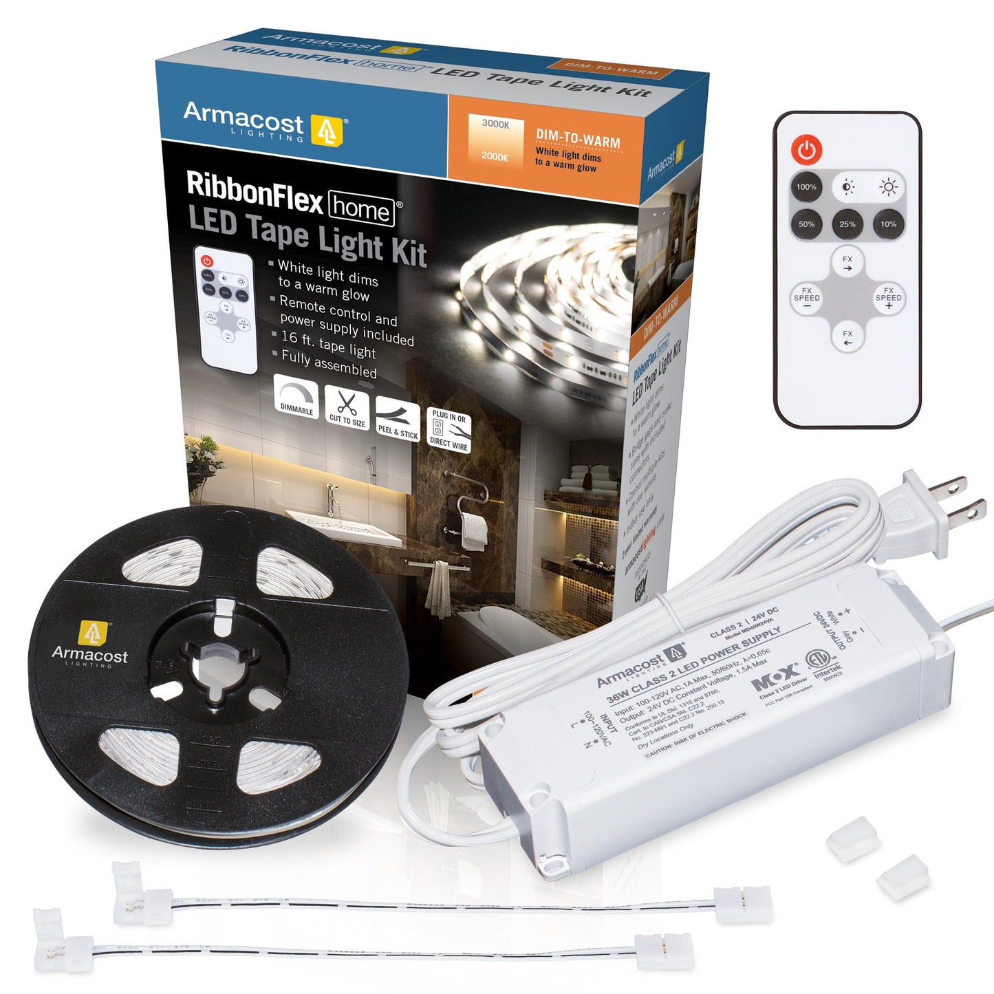 Armacost Lighting Led Tape Light Kit, 16 Ft, Dim-To-Warm, White, Model 421503, Remote Included