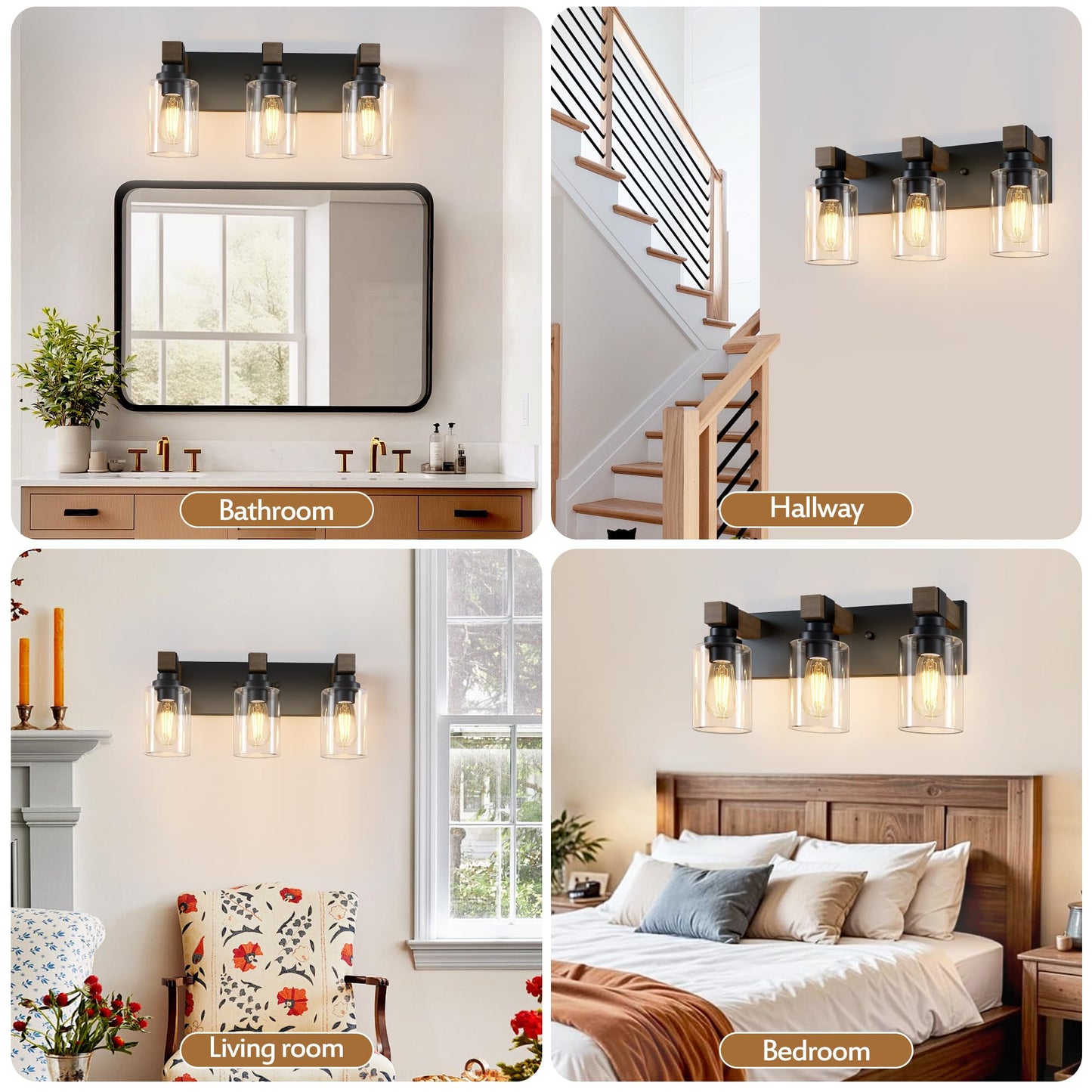Farmhouse Bathroom Vanity Light Fixtures  Rustic 3-Light Wood Vanity Lights For Bathroom  Vintage Black Wall Sconces Lighting  Light Fixtures Over Mirror  With Glass Shade