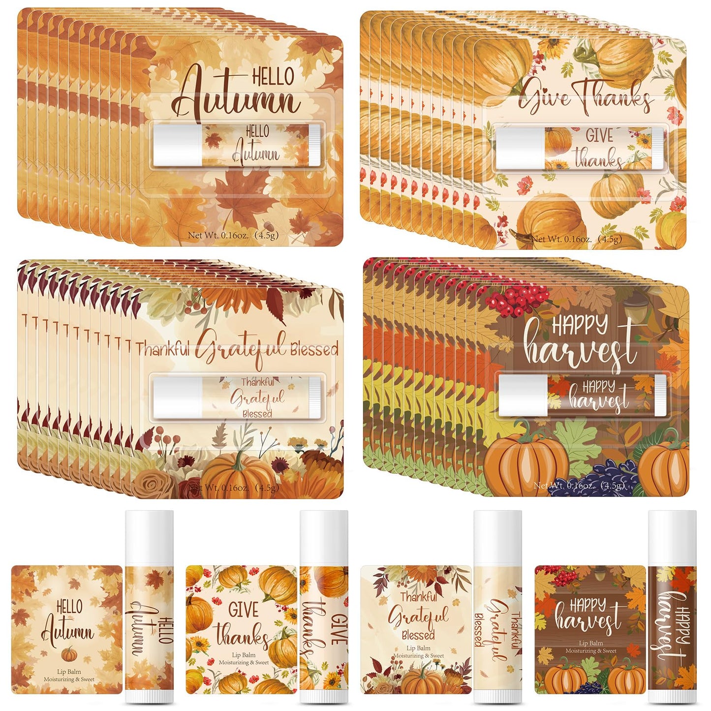 Qunclay 48 Pcs Thanksgiving Fall Pumpkin Lip Balm Bulk Maple Leaf Lip Balms Gifts Thanksgiving Baby Shower Party Supplies Thank
