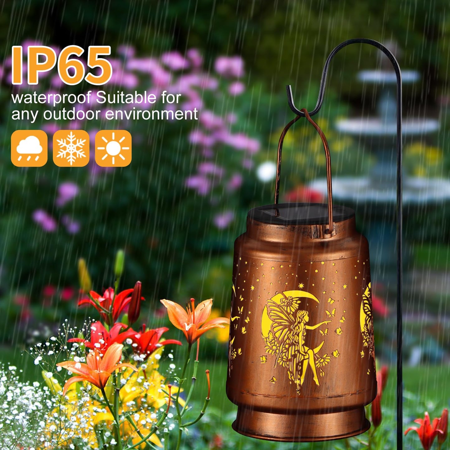 Solar Lantern Outdoor Hanging Waterproof Outside Metal Openwork Hummingbird Pattern Birthday Gifts For Women Mom Landscape Lights For Porch Garden Yard Patio Pathway Decor(Fower Fairy)