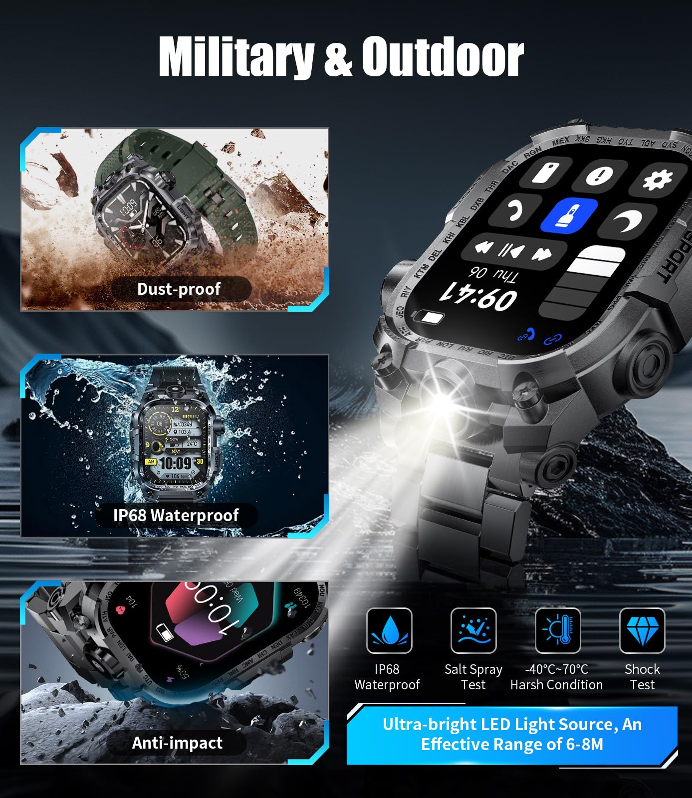 LIGE Military Smart Watch for Men(LED Flashlight), 2.01" Rugged Smartwatch, 100+ Sports Fitness Tracker Watch, 700mAh Long Battery/Bluetooth Call/Sleep/IP68 Smart Watch for Android iOS Compatible