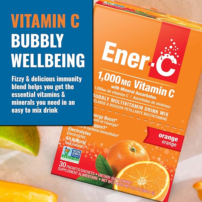 Ener-C - Vitamin C Immune Support, 1000mg Vitamin C Effervescent Multivitamin Drink Powder, Fruit Juice Vitamin C Drink Mix for Hydration with Electrolytes, Orange, 60 Packets (2-Pack)