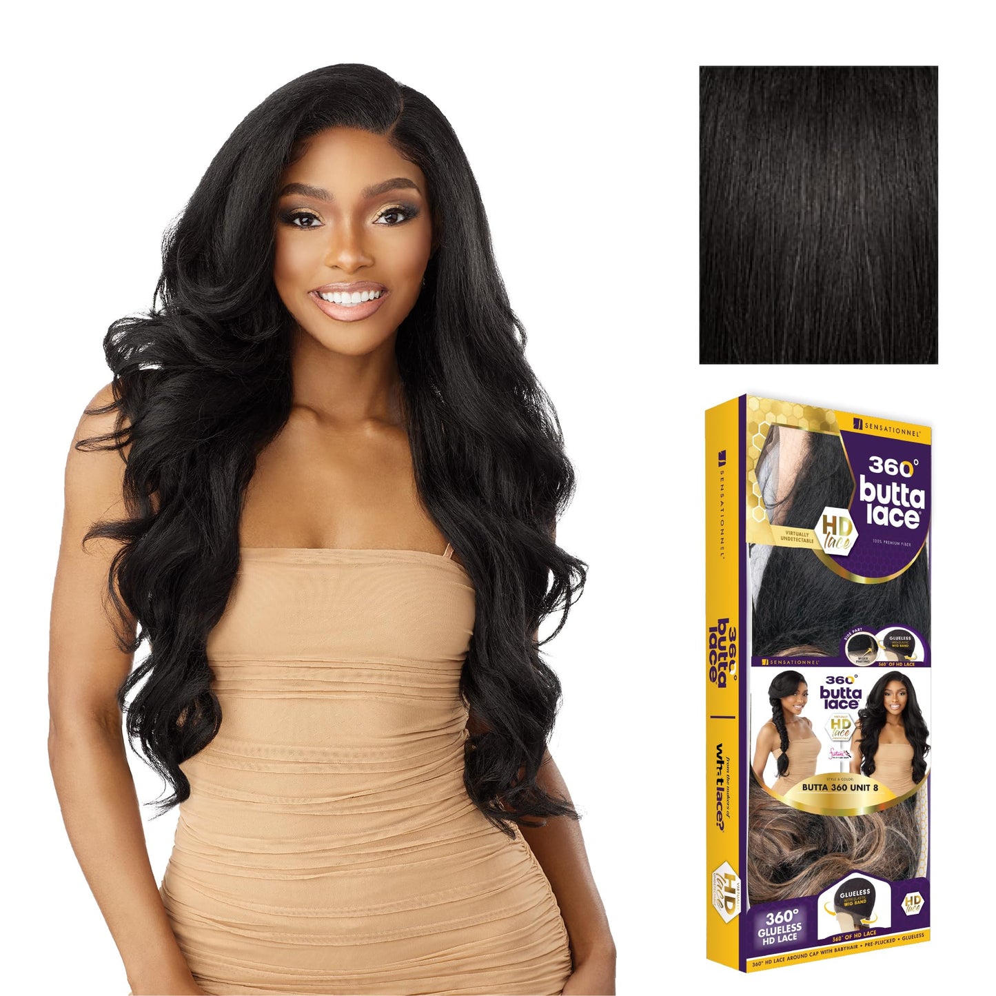 Sensationnel Butta 360 Lace Wigs - Unit 8 Side Wider Parting 360 Degree Lace Glueless Synthetic Preplucked Hairline (1B OFFBLACK