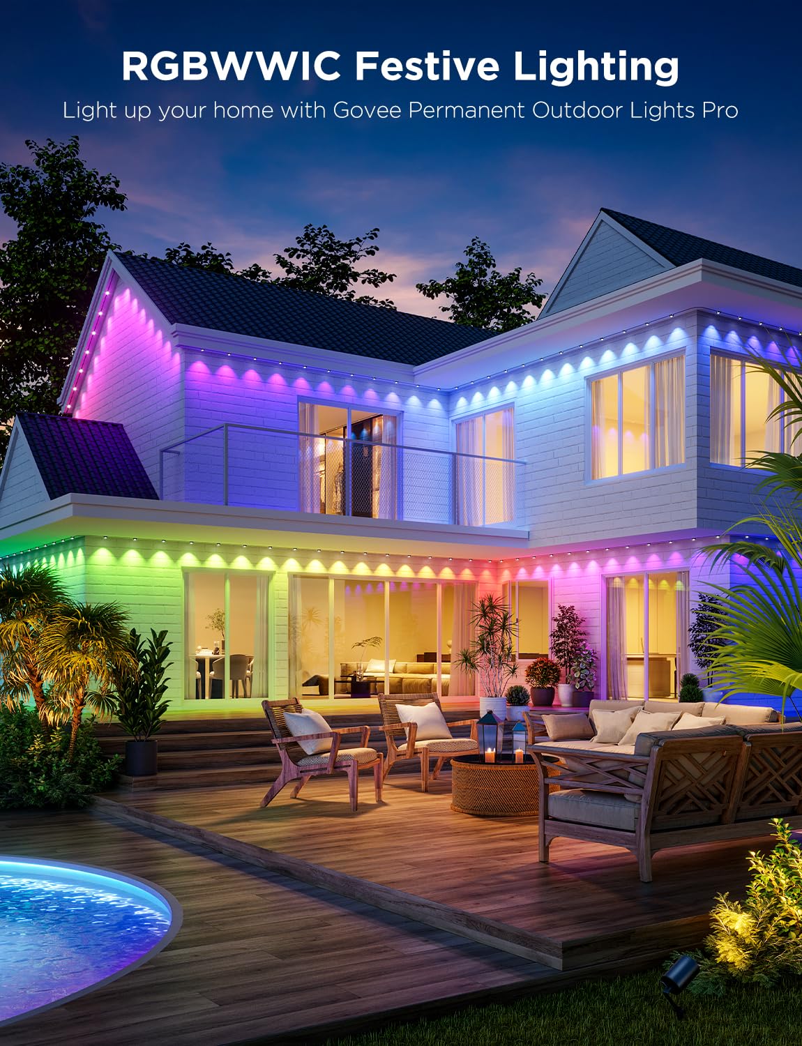 Govee Outdoor Lights Pro, 200ft RGBIC LED, 75 Scene Modes, IP67 Waterproof, Works with Alexa, Google Assistant, White, Model H706C