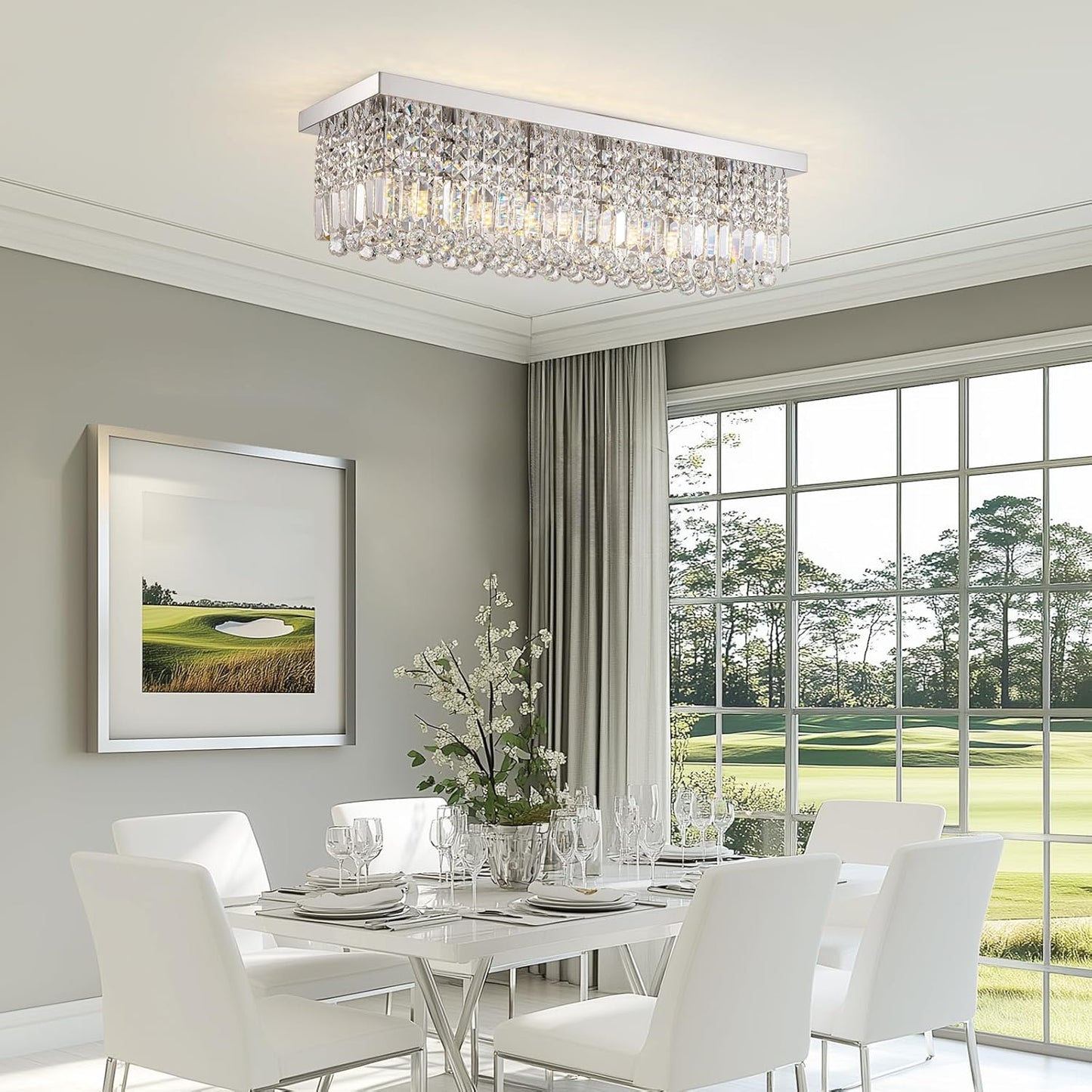 Rectangular Chandelier, Flush Mount Rectangle Chandelier Modern K9 Crystal Chandeliers Light Fixture, 6-Lights Raindrop Crystal Pendant Ceiling Light for Dining Room Bedroom Bar Club L31.5 Inch