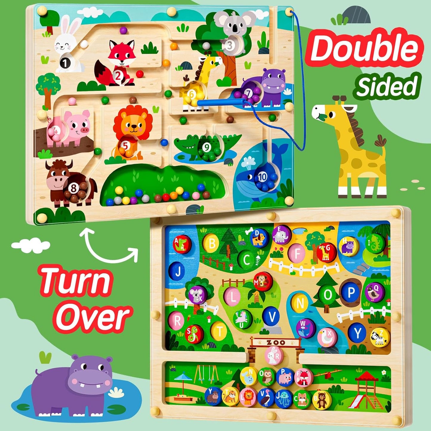 2 in 1 Magnetic Color and Number Maze Magnet Alphabet Counting Double Sided Board Wood Puzzle Fine Motor Skills Montessori Preschool Toys Gifts for Boys and Girls 3-5 Age (Zoo, One Size)