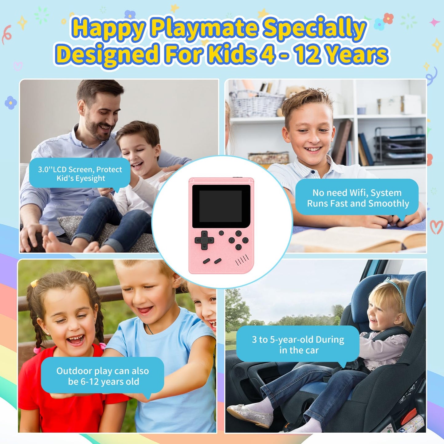 Mini Handheld Game Console for Kids, Preloaded 400 Retro Video Games, Portable Video Gaming Player with 3.0" IPS Screen and Rechargeable Battery (Pink)