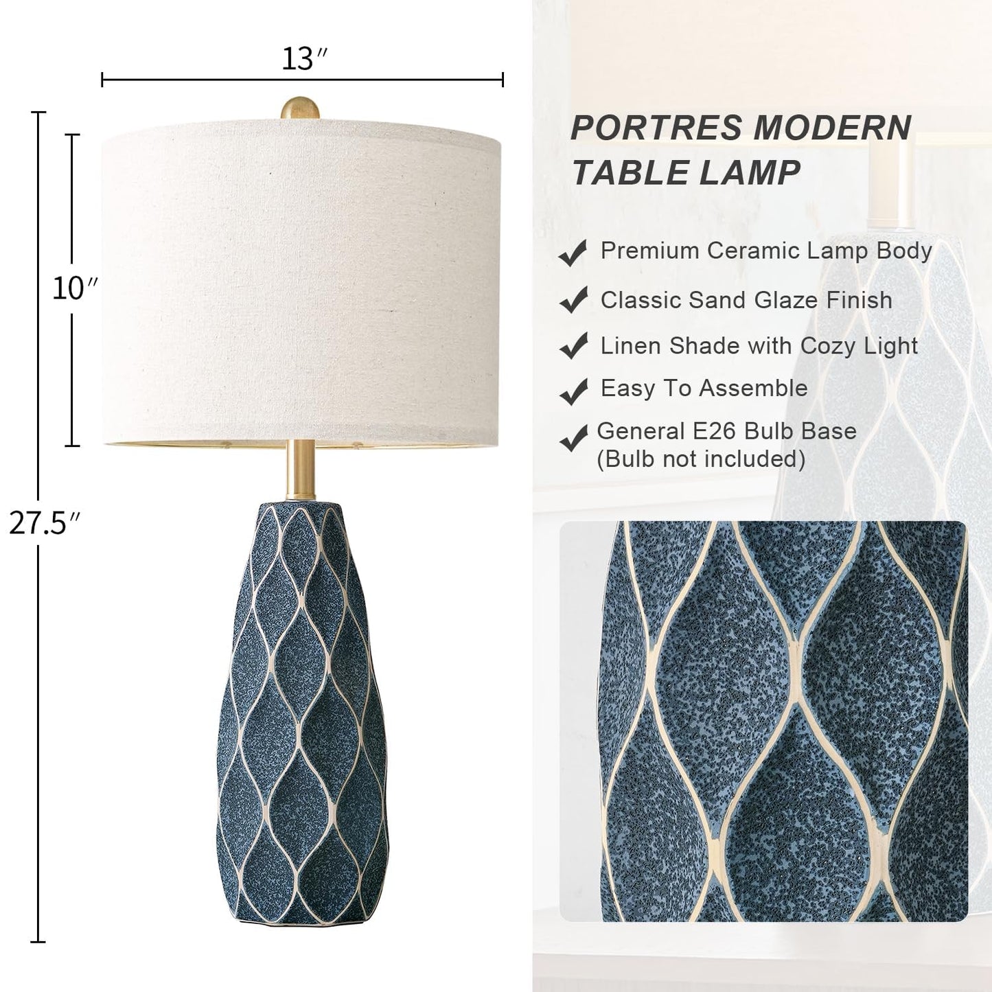 27.5 Ceramic Table Lamps For Living Room Bedroom Lamps Set Of 2 Modern Boho Bedside Lamps Night Stands Farmhouse Vintage Large Nightstand Lamp Reading Light Home Office Dorm Desk Deco Gifts  Blue