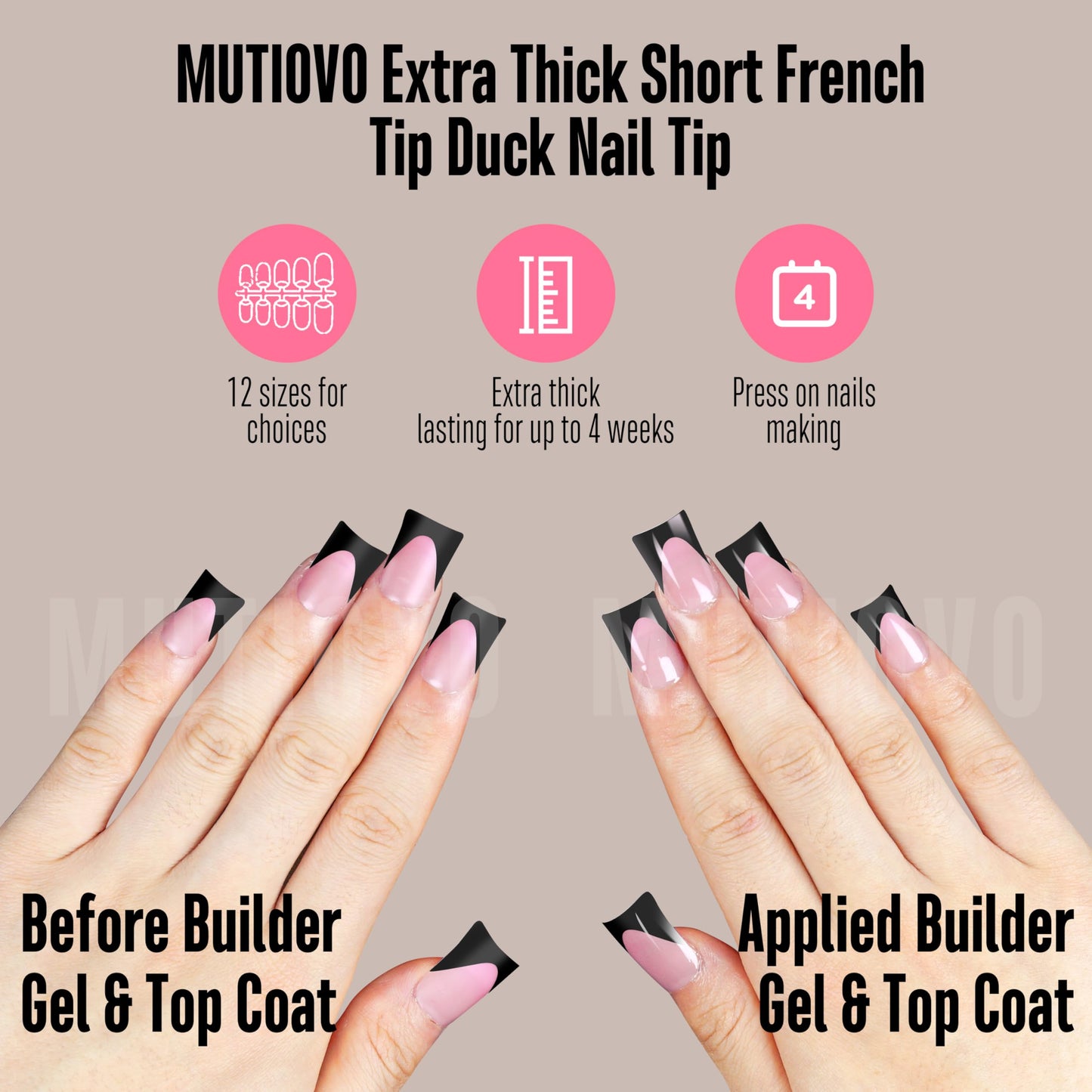 MUTIOVO Black French Tip Short Duck Nail Tips Press on, BERRY PINK Extra Thick Pre-designed Soft Gel Nail Extension, Need Builde