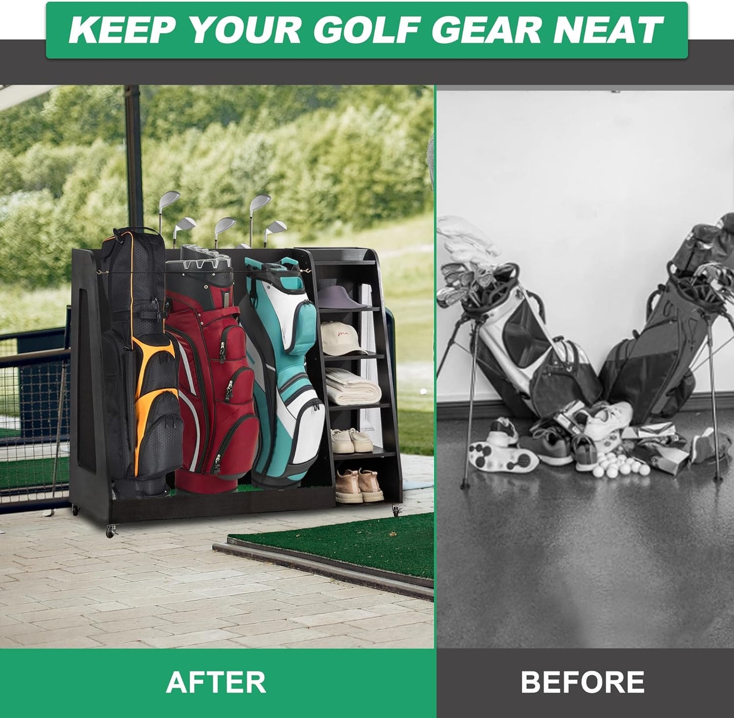 Golf Bag Organizer Storage Rack Stand Holder Fits 2 Extra Large Golf Club Bags and Multiple Golfing Equipment Accessories for Garage Home Simulator and Office