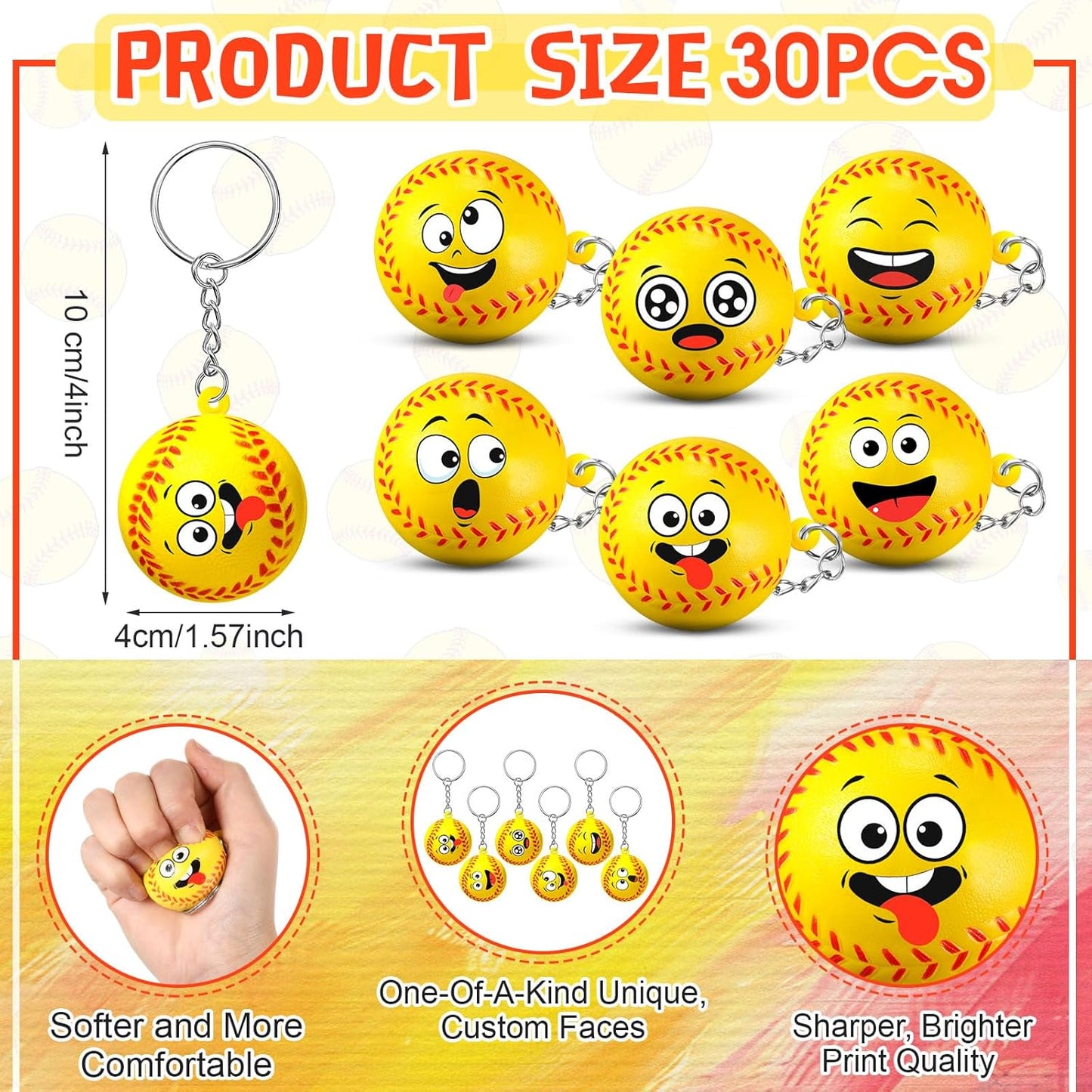 30 Pcs Softball Party Favors Sports Party Supplies for Boys Girls Funny Mini Face Stress Ball Keychains Cute Relief Balls for Softball Lovers Team Prizes Anxiety Relief Sport Sport Favors
