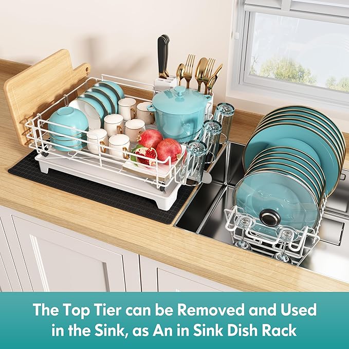 BOOSINY 2 Tier White Large Stainless Steel Dish Drainers Drying Rack for Kitchen Counter with Drainboard, Rust Proof Metal, Space Saving, Modern Aesthetic, Compact Plates Strainers with Extra Mat