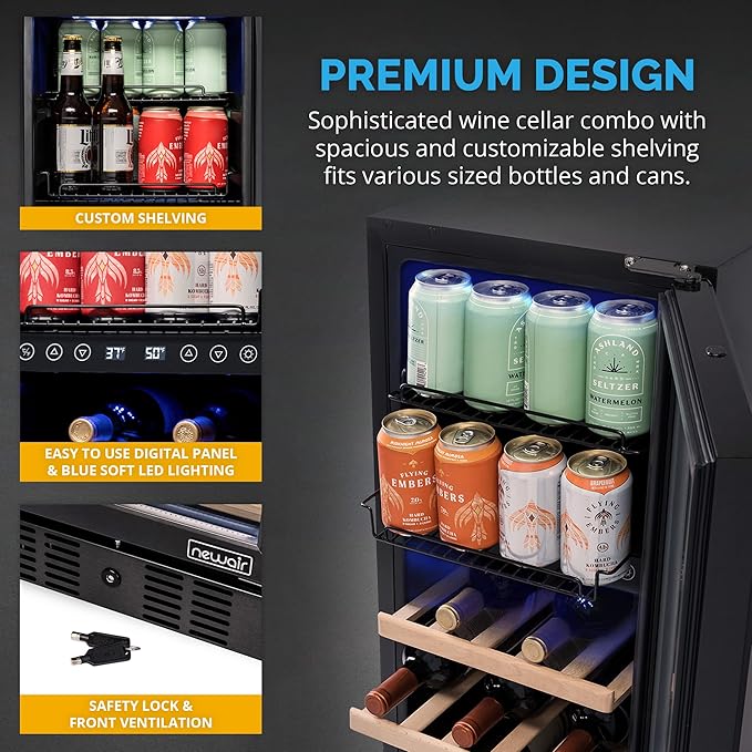 NewAir 15" Wine and Beverage Refrigerator 9 Bottle and 48 Can Capacity, Beverage Cooler in Stainless Steel, Built-in or Freestanding Dual Zone Drink Fridge with Triple-Pane Glass Door
