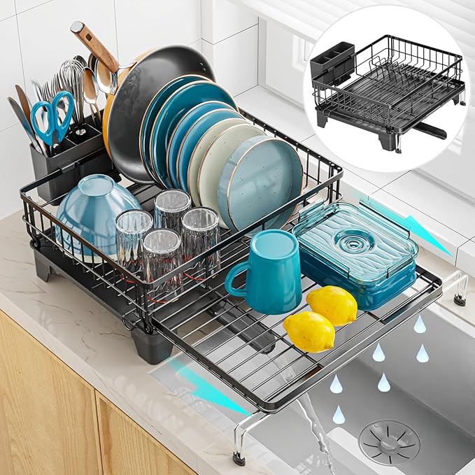 GSlife Extendable Dish Drying Rack - Large 2-in-1 Dish Racks for Kitchen Counter or Over Sink, Anti-Rust Dish Drainer with Pan Slots and Utensil Holder, 13.4"-22.4" L x 16.7" W, Black