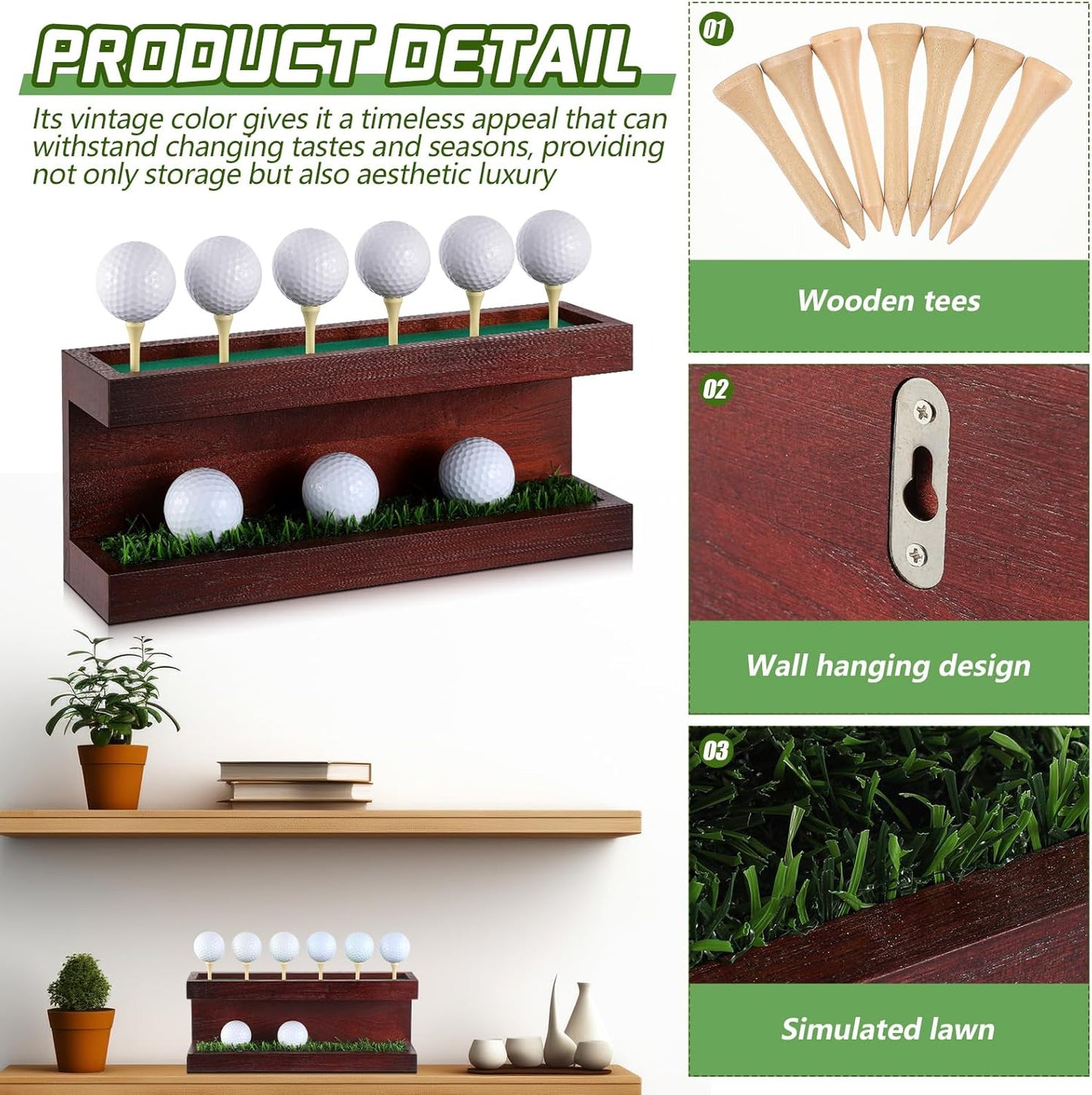 Menkxi Rustic Wood Golf Ball Holder 12.5 x 3 Inch Wall Mounted Vintage Display Stand Floating Shelf with Golf Tees for Christmas Storage Party Decor Supplies