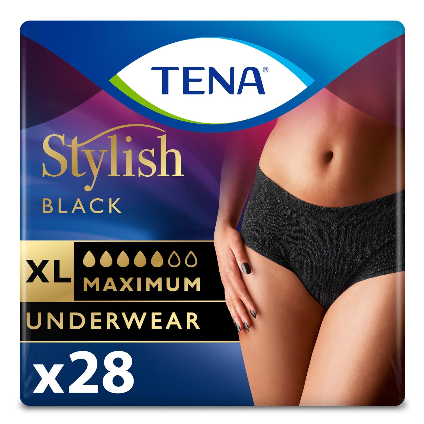 Tena Stylish Black Incontinence Underwear for Women, Maximum Absorbency, XLarge, 28 ct (2 Packs of 14)