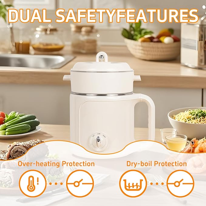 Electric Hot Pot with Steamer: 2.0L Ramen Cooker, Multifunctional Stainless Steel Electric Pot, Portable, Dual Power Adjustment for Dorm, Office, Travel