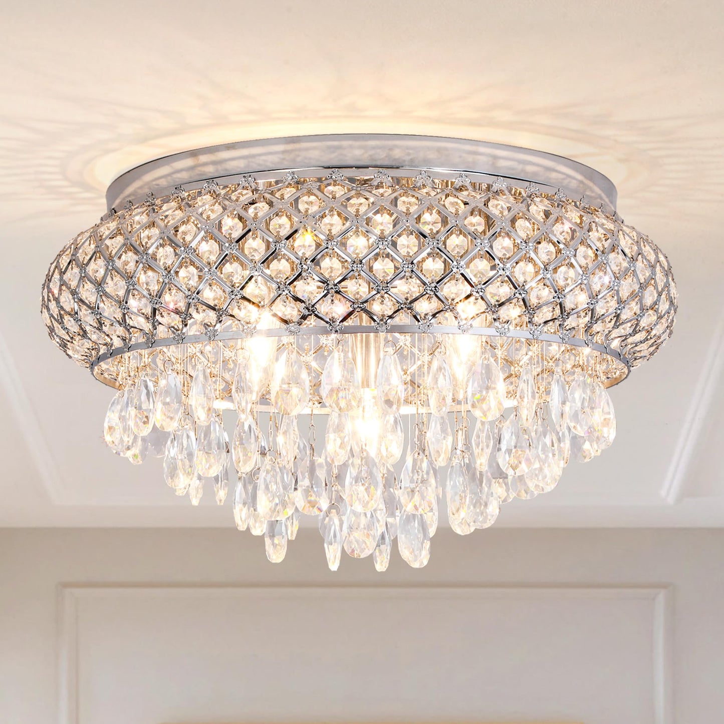 Maxax stylish Modern Flush Mount Ceiling Light, 5-Light, Large Chrome Crystal Fixture For Living Room, Bedroom, Dining Room, Kitchen