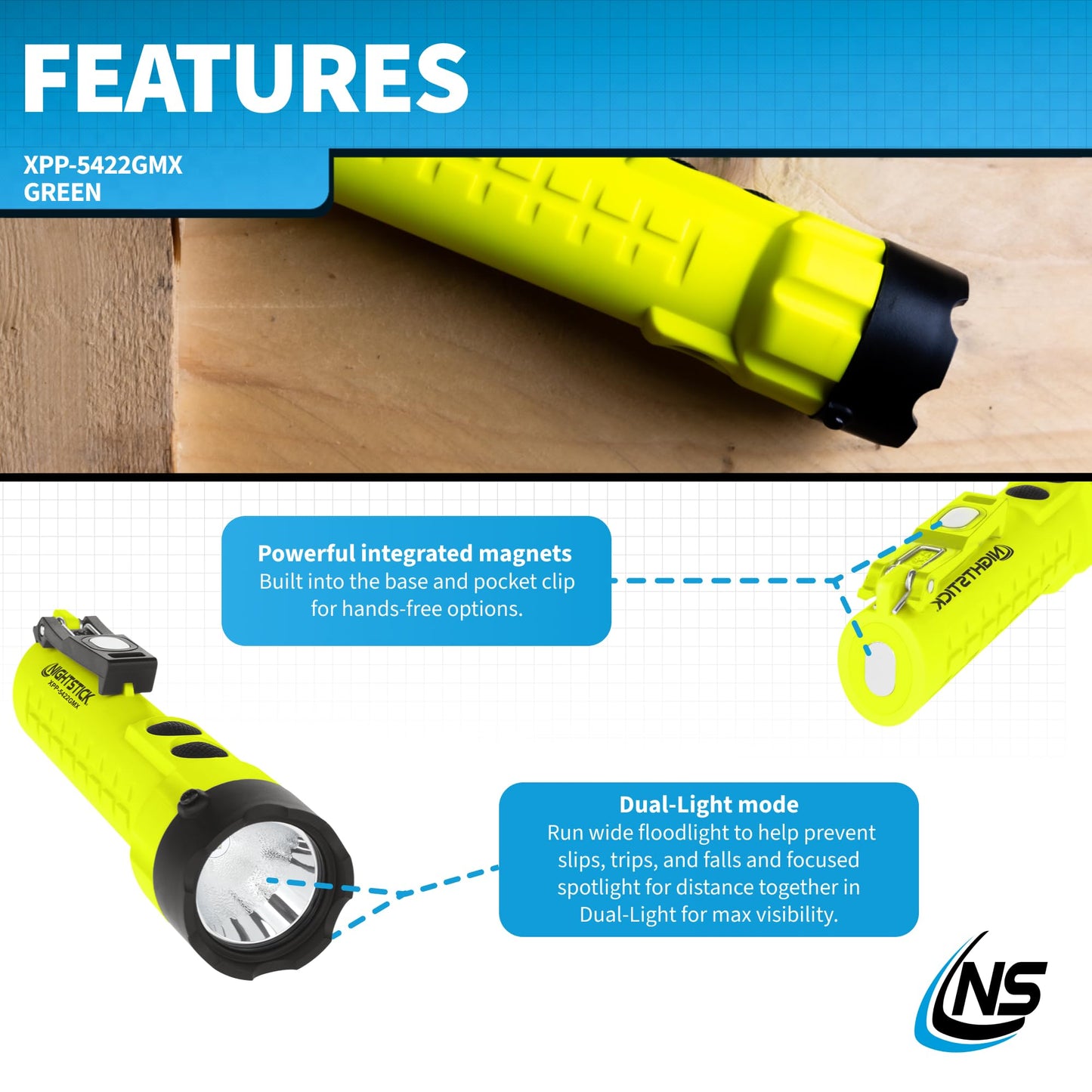 Nightstick X-Series Dual-Light Flashlight, Xpp-5422Gmx, Intrinsically Safe, Medium, Polymer, Green/Black